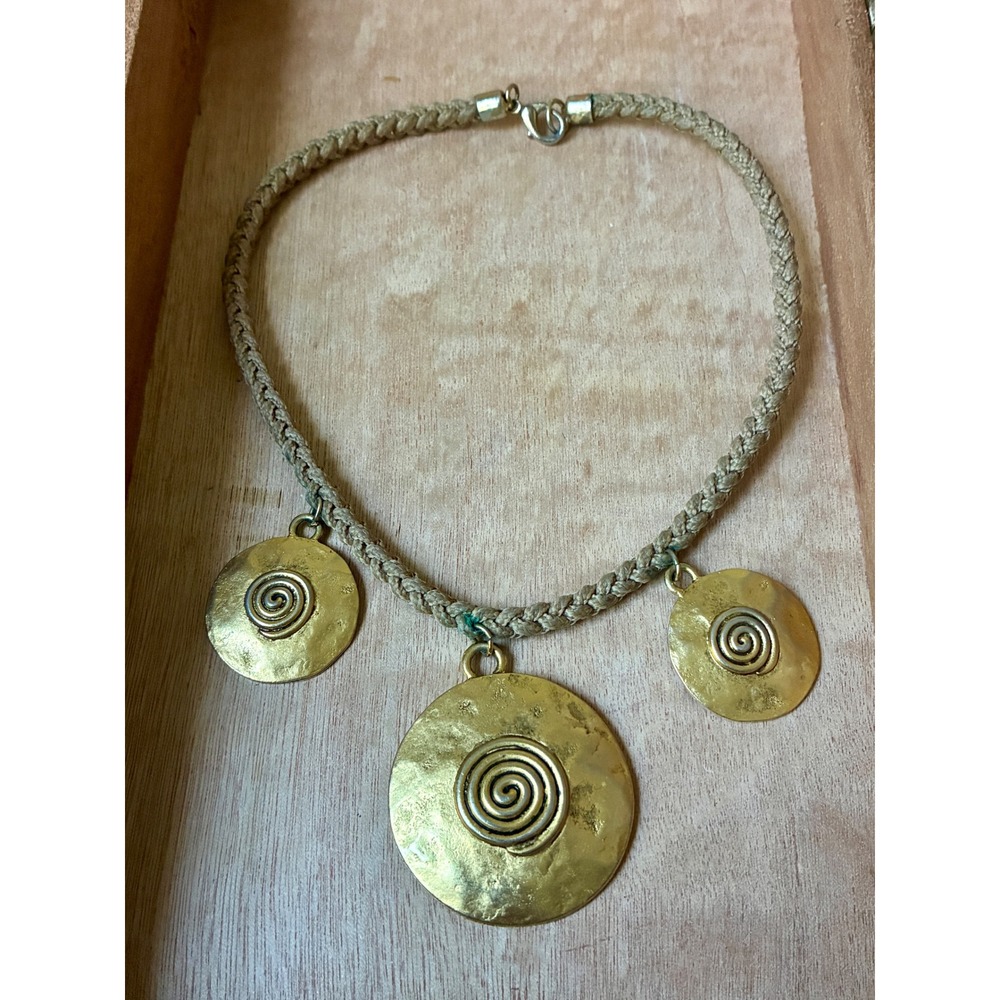 Chico's Gold Tone Spiral Medallion Necklace Tan Braided Cord Boho Statement